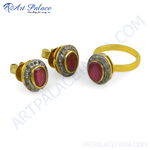 Load image into Gallery viewer, Gold ruby stud earrings and matching ring set with diamonds and red gemstones.
