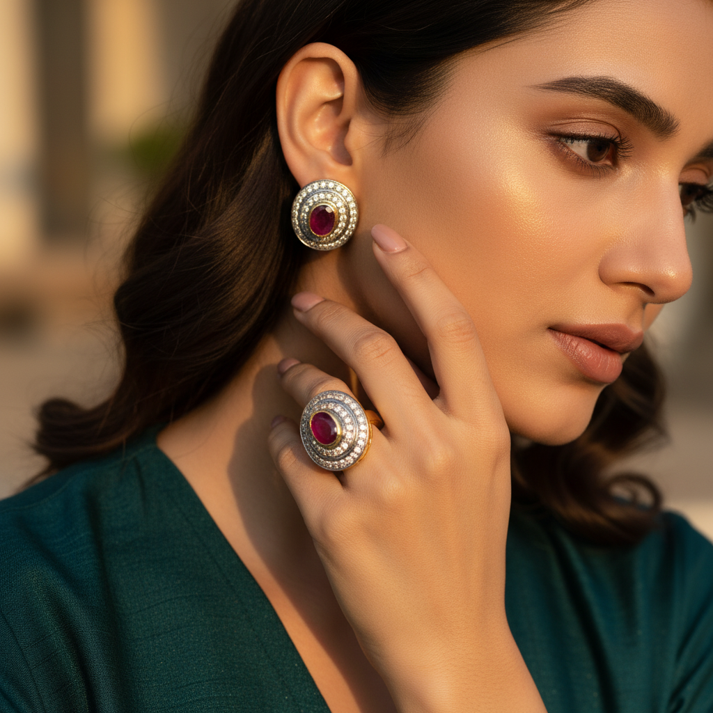 Ruby Stud Earrings & Ring Set | Gold Finish | Women's Jewelry