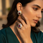 Load image into Gallery viewer, Ruby Stud Earrings &amp; Ring Set | Gold Finish | Women&#39;s Jewelry
