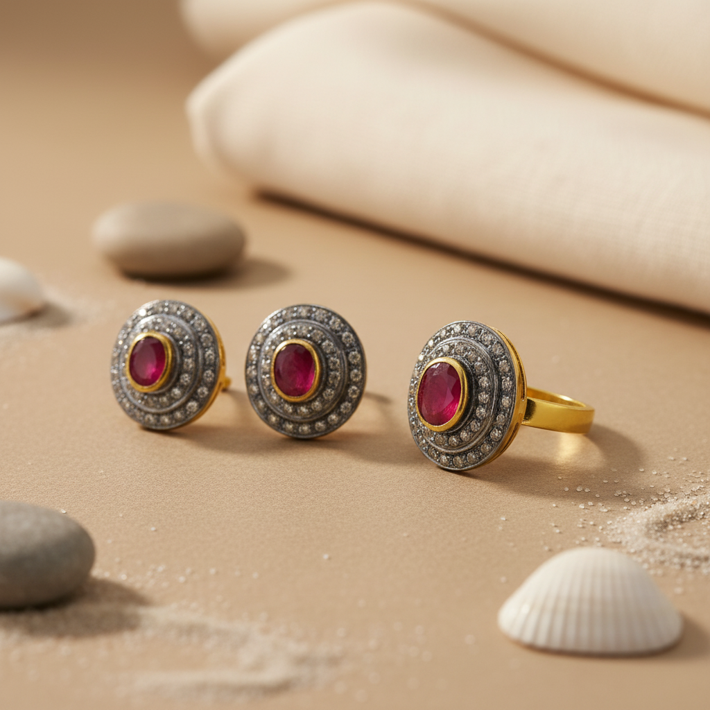 Ruby Stud Earrings & Ring Set | gold plating Finish | Women's Jewelry