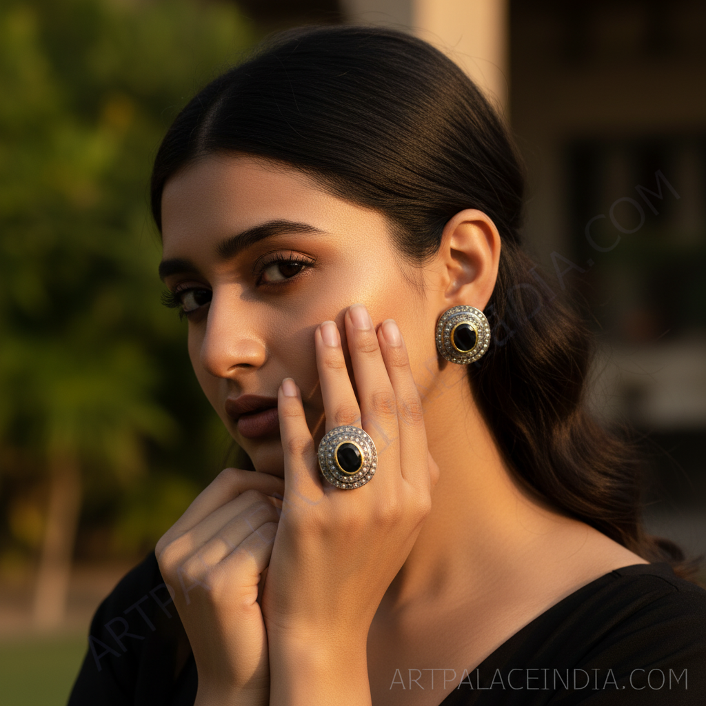Gold ring & earrings set with black gemstones for women