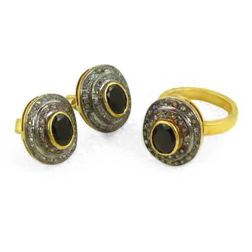 Gold plating ring & earrings set with black gemstones for women