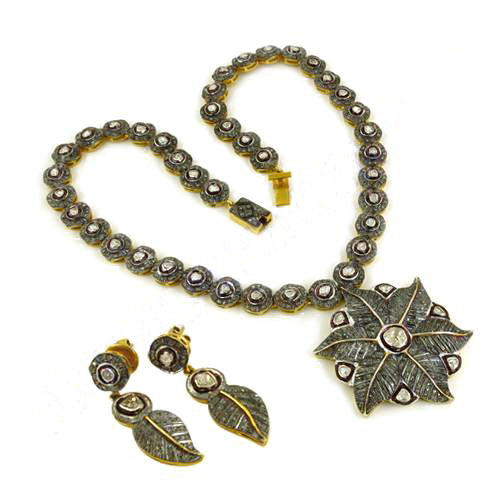 Vintage diamond necklace & earrings set | gold plating tone jewelry