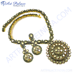 Load image into Gallery viewer, Gold Kundan necklace and earrings set with intricate details, showcasing Indian jewelry craftsmanship
