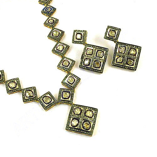 Gold plating diamond square necklace & earrings set | women's jewelry