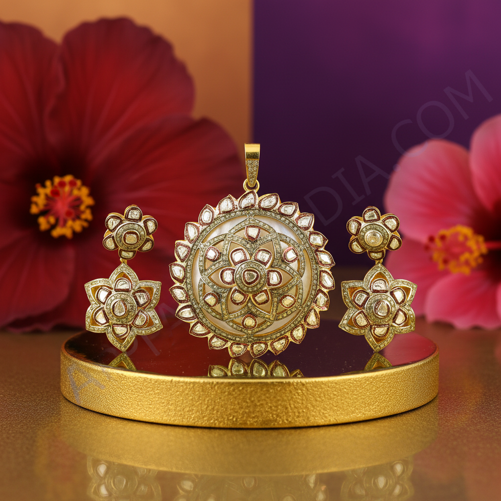 Gold Diamond Floral Pendant & Earrings Set for Women | Gift Jewelry