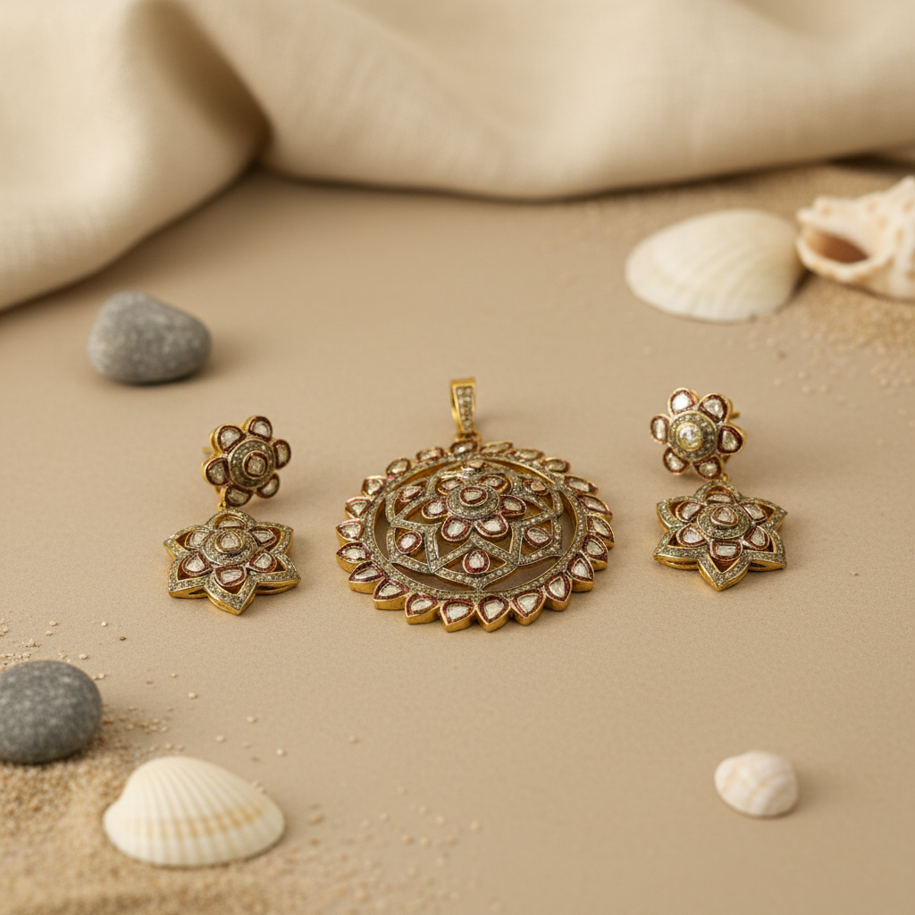 gold plating Diamond Floral Pendant & Earrings Set for Women | Gift Jewelry