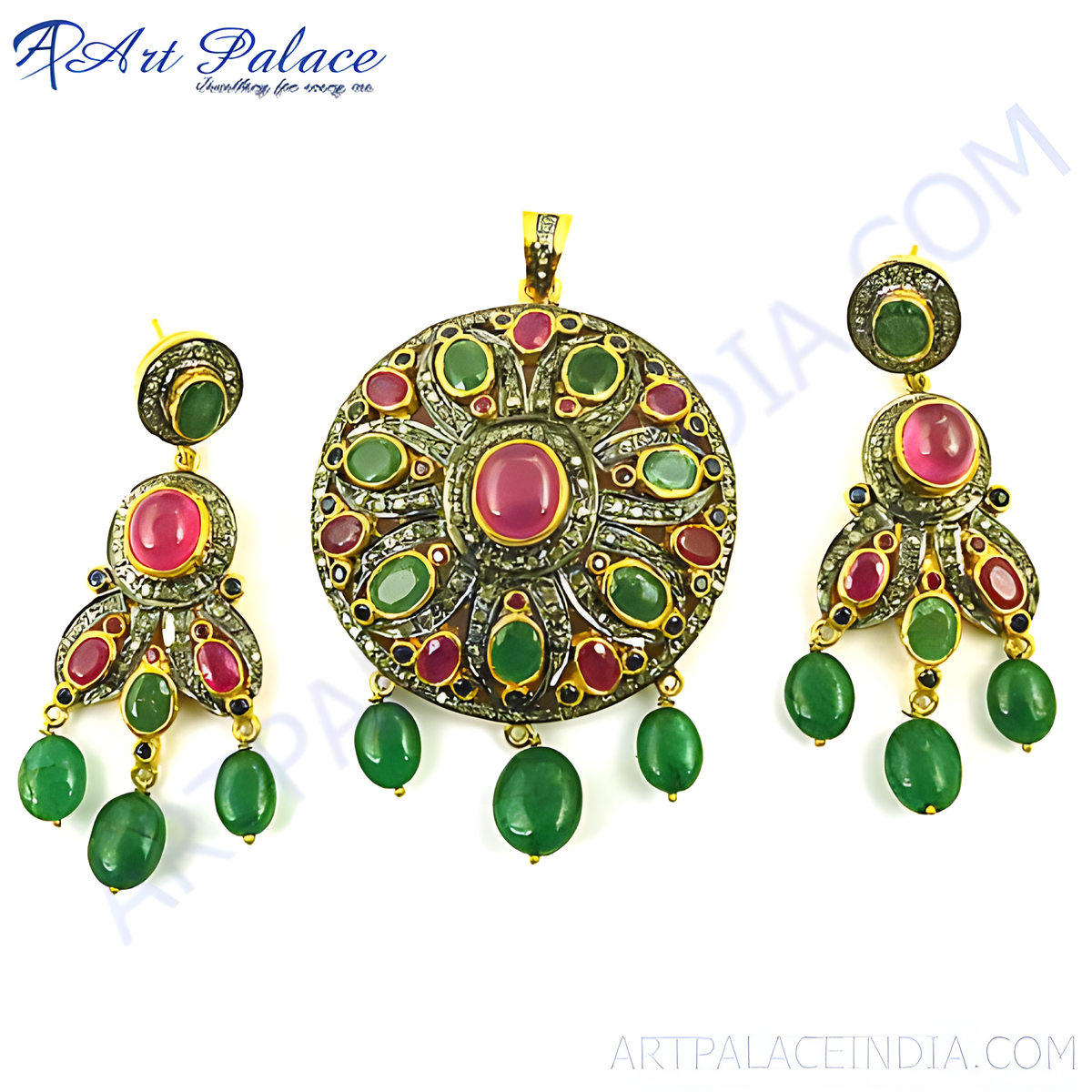 Silver pendant earrings set with ruby and emerald gemstones