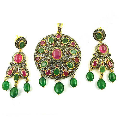 Emerald Ruby Pendant Earrings Set | Silver Dangle Set for Women