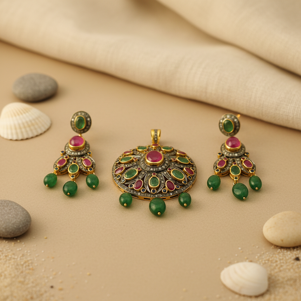 Emerald Ruby Pendant Earrings Set | Silver Dangle Set for Women