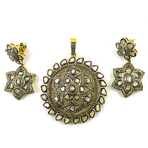 Gold plating diamond floral pendant earrings set | women's jewelry