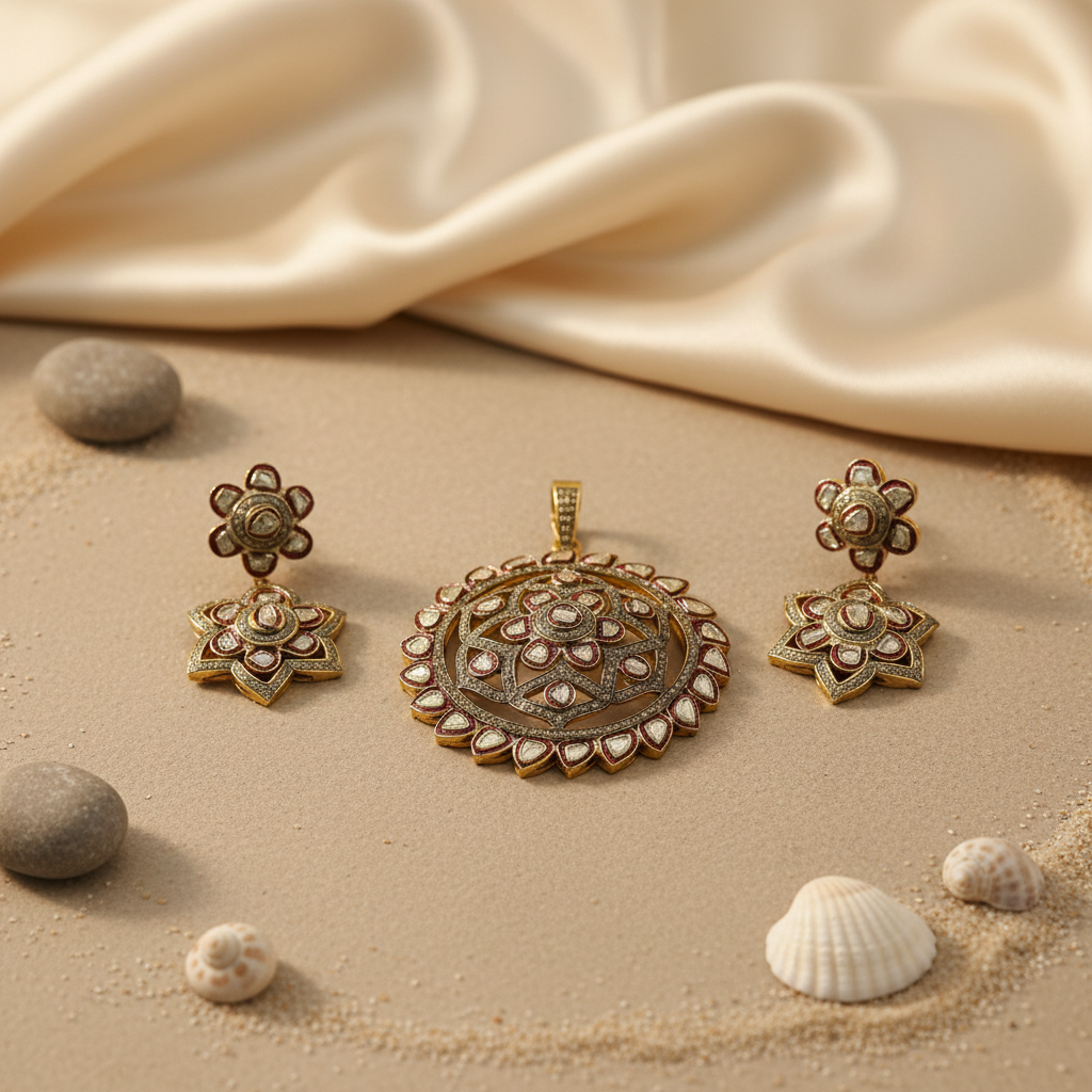 gold plating Diamond Floral Pendant Earrings Set | Women's Jewelry