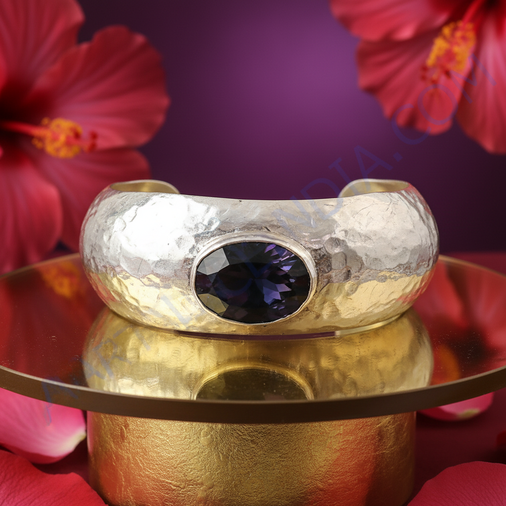 925 silver moonstone cuff bracelet | hammered finish | for women