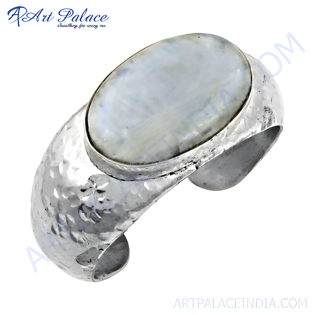 925 sterling silver cuff bracelet with an oval moonstone gemstone, showcasing a hammered metal finish for women.