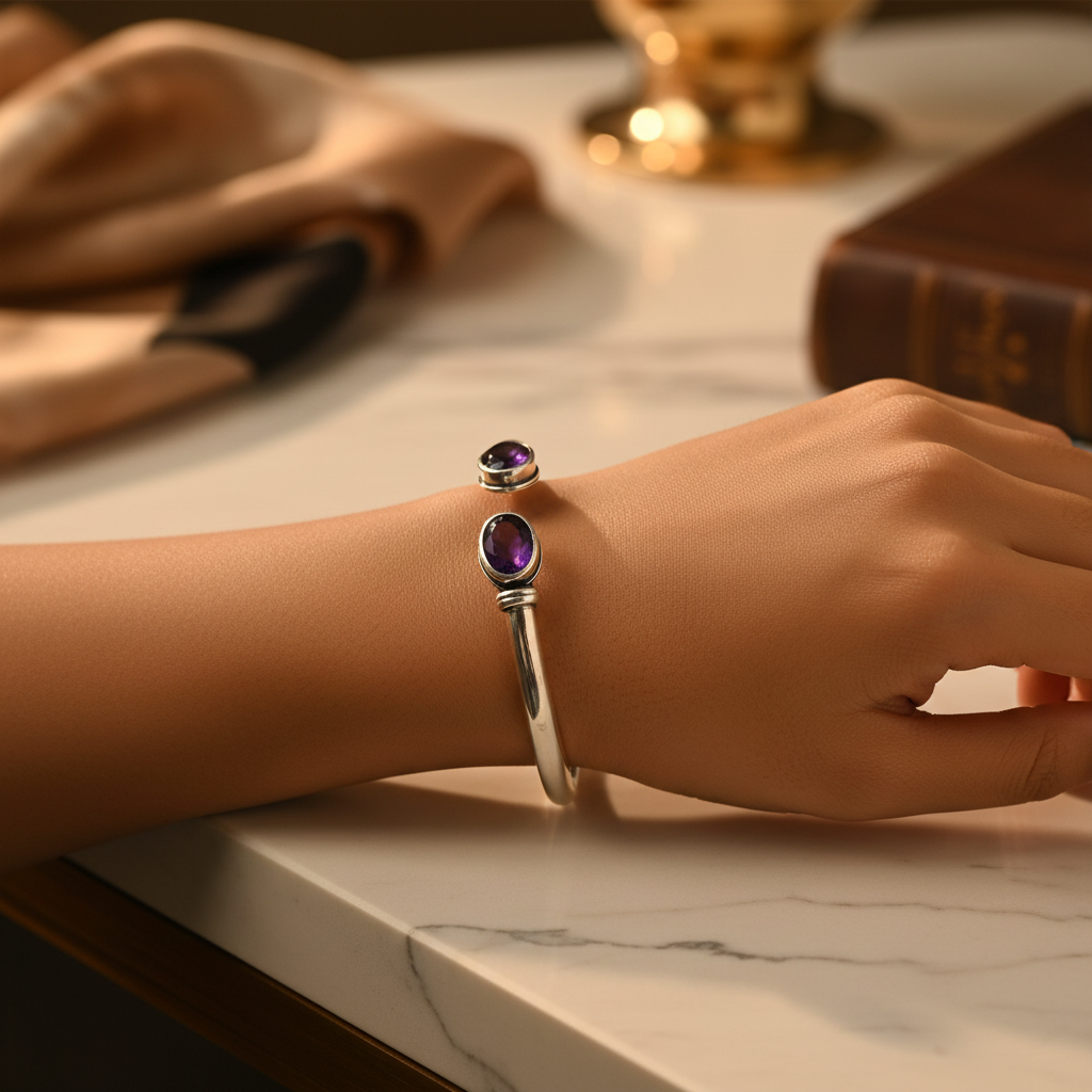925 Silver Amethyst Cuff Bracelet | Women's Jewelry Gift