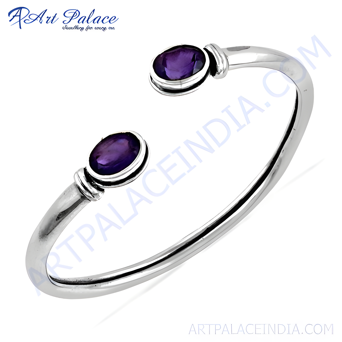 925 sterling silver cuff bracelet with oval shaped amethyst gemstones, purple color jewelry