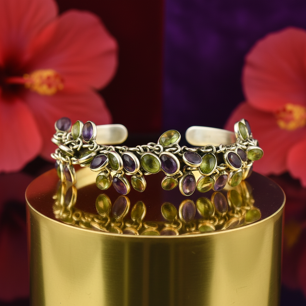 925 silver amethyst & peridot cuff bracelet for women | gift