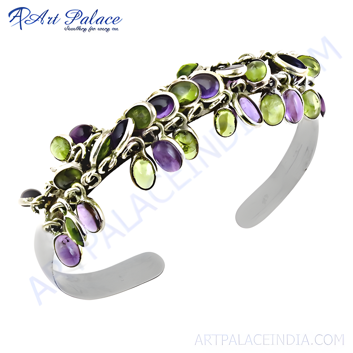 Sterling silver cuff bracelet with amethyst and peridot gemstones in a modern design