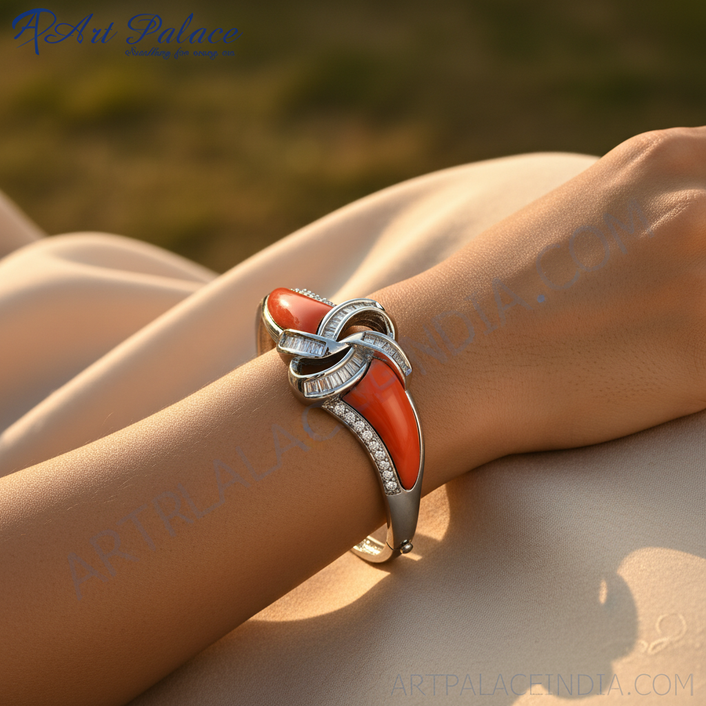 Silver Coral & Diamond Bangle Bracelet for Women | Luxury Jewelry