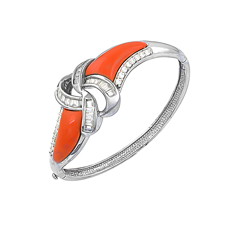 Attractive Cubic Zirconia & Synthetic Coral Silver Bangles Cz Silver Bangles Pretty Cz Bangle