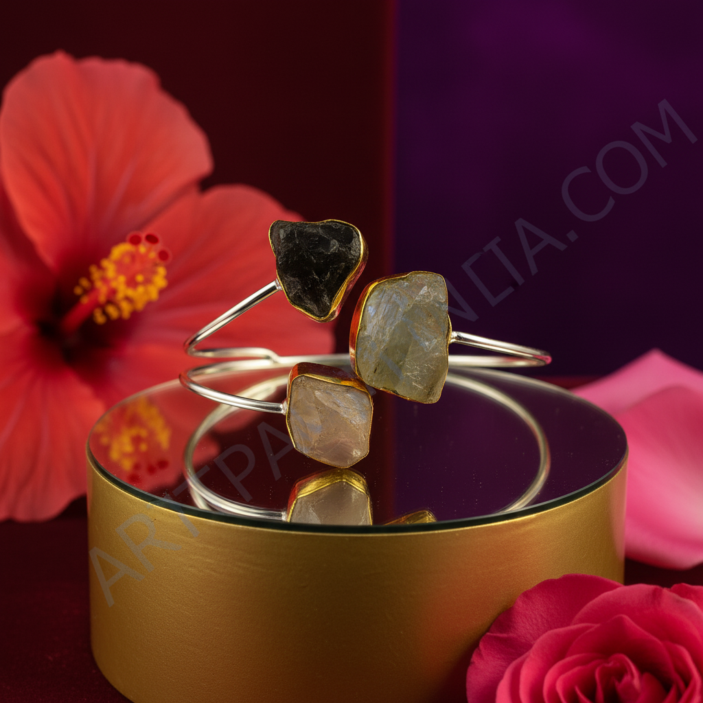 Raw Stone Cuff Bracelet in gold plating Finish for Women | Gemstone Jewelry