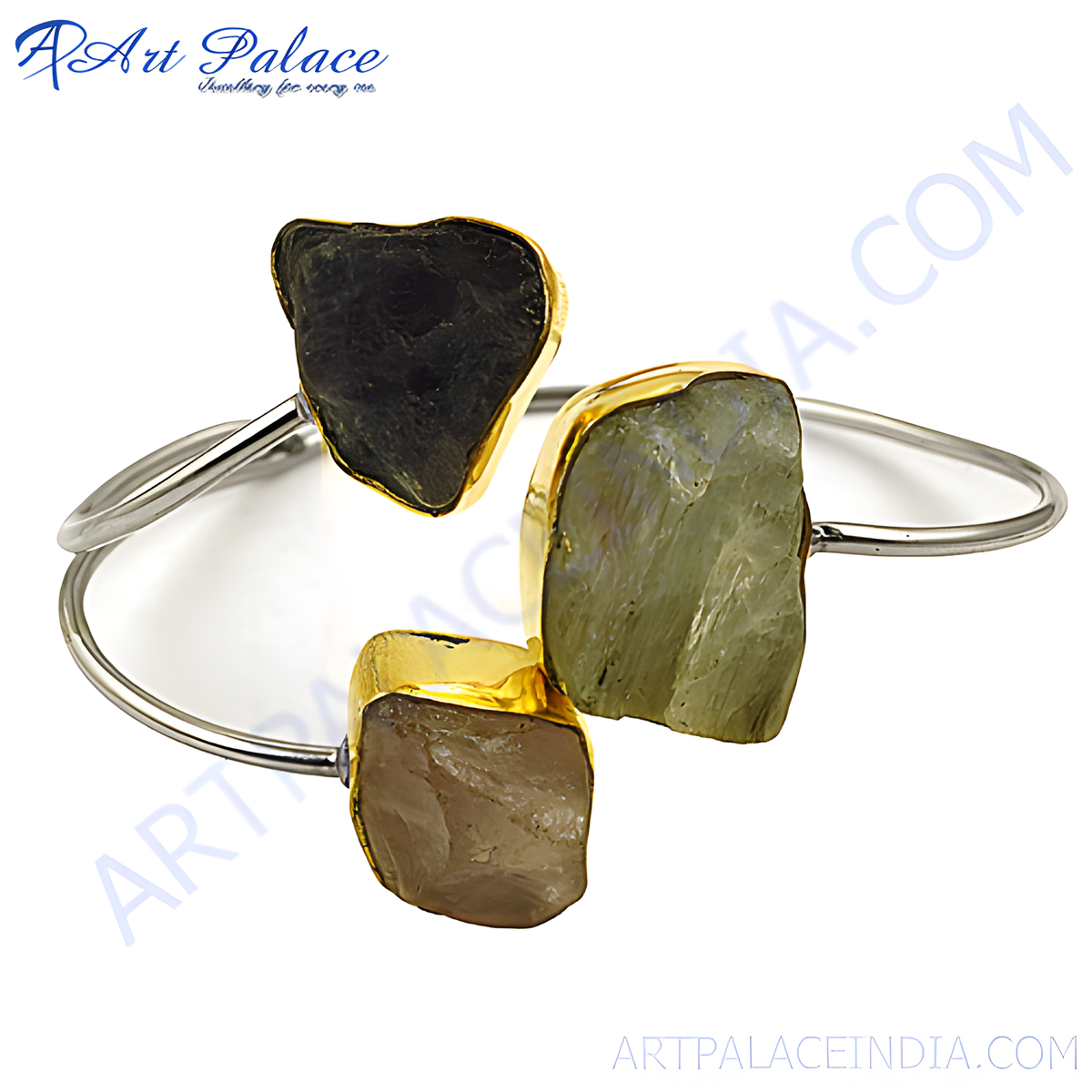 Gold plating finish cuff bracelet with three raw gemstones, featuring a unique, modern design