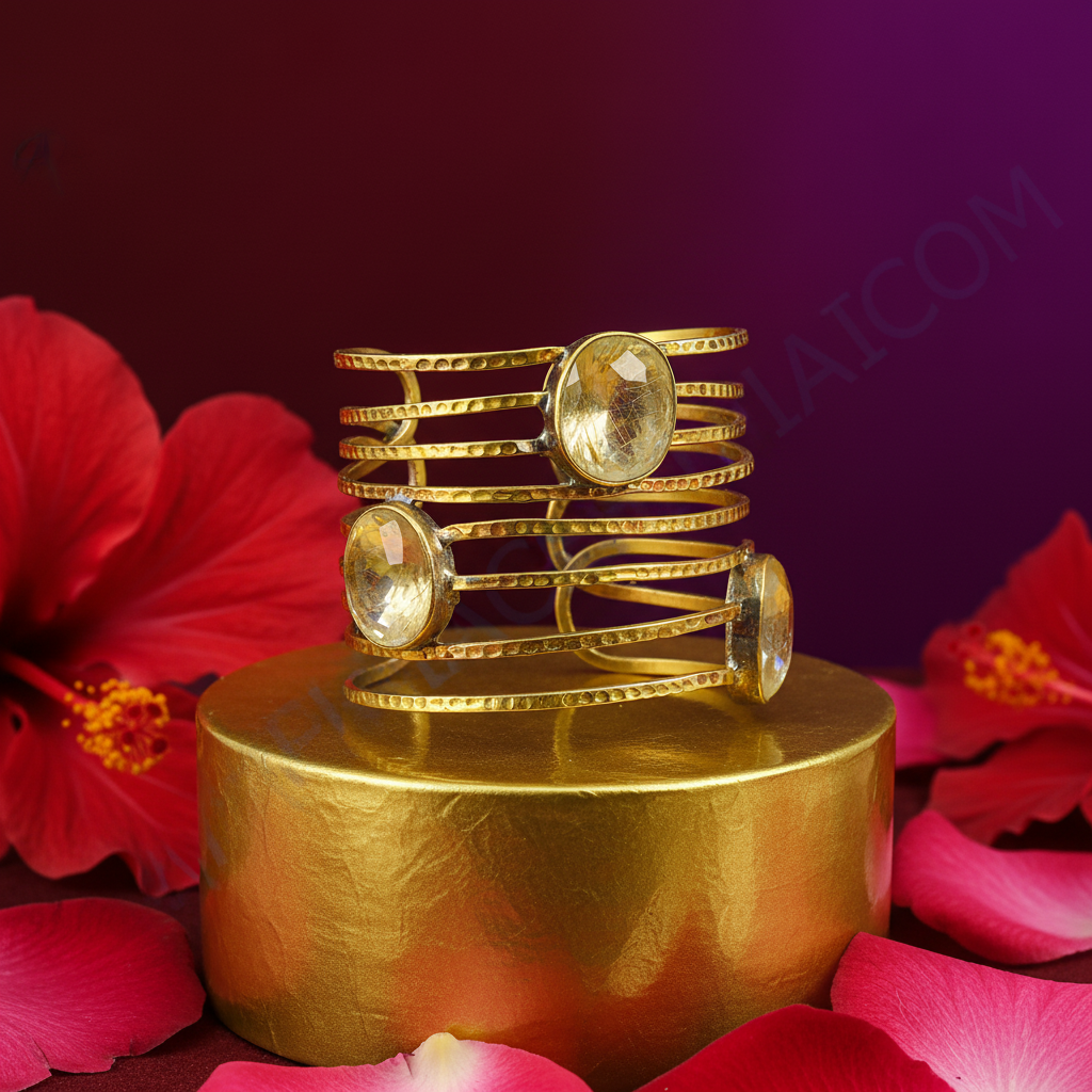 Gold plating rutilated quartz cuff bracelet for women | statement jewelry