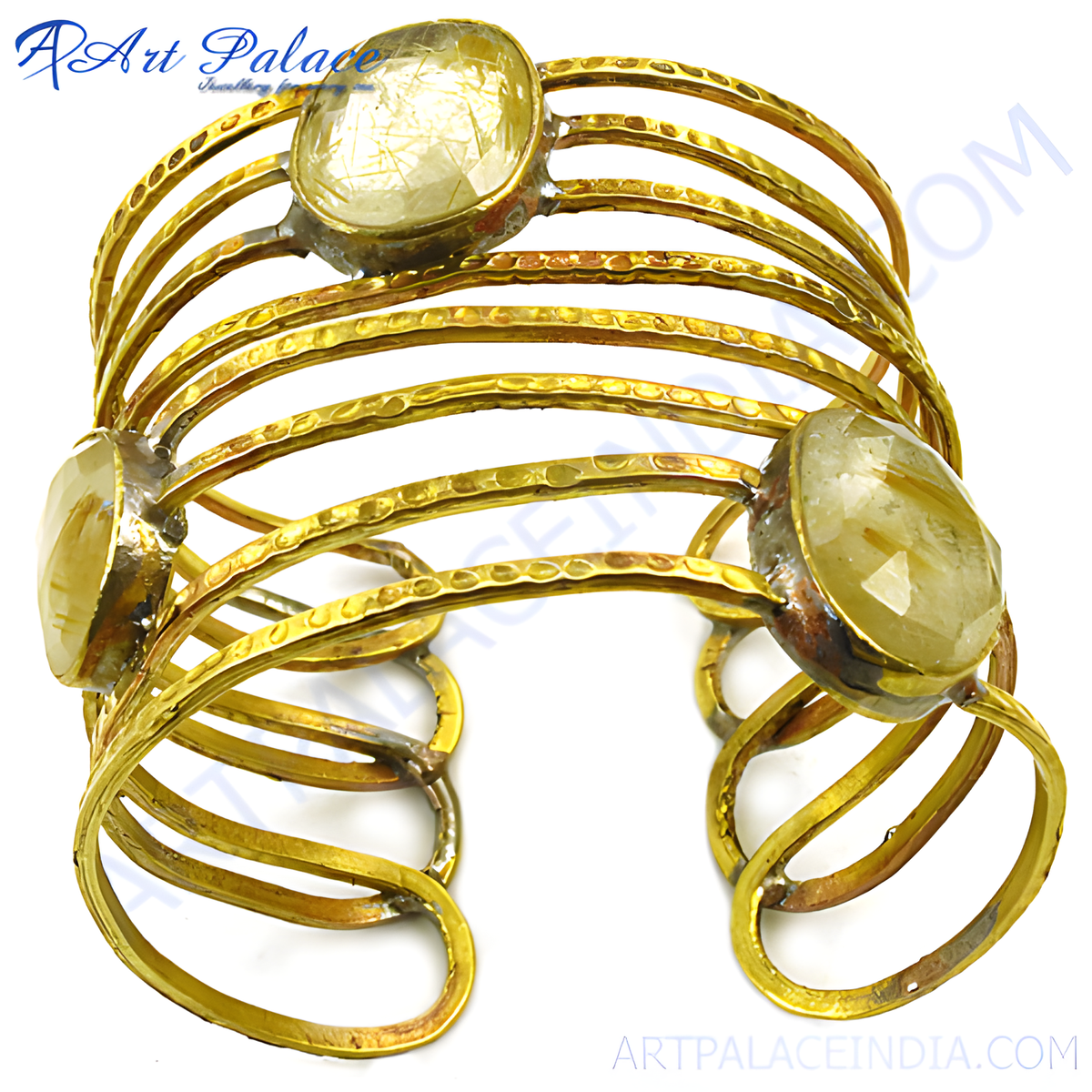 Gold plating toned metal cuff bracelet with rutilated quartz gemstones