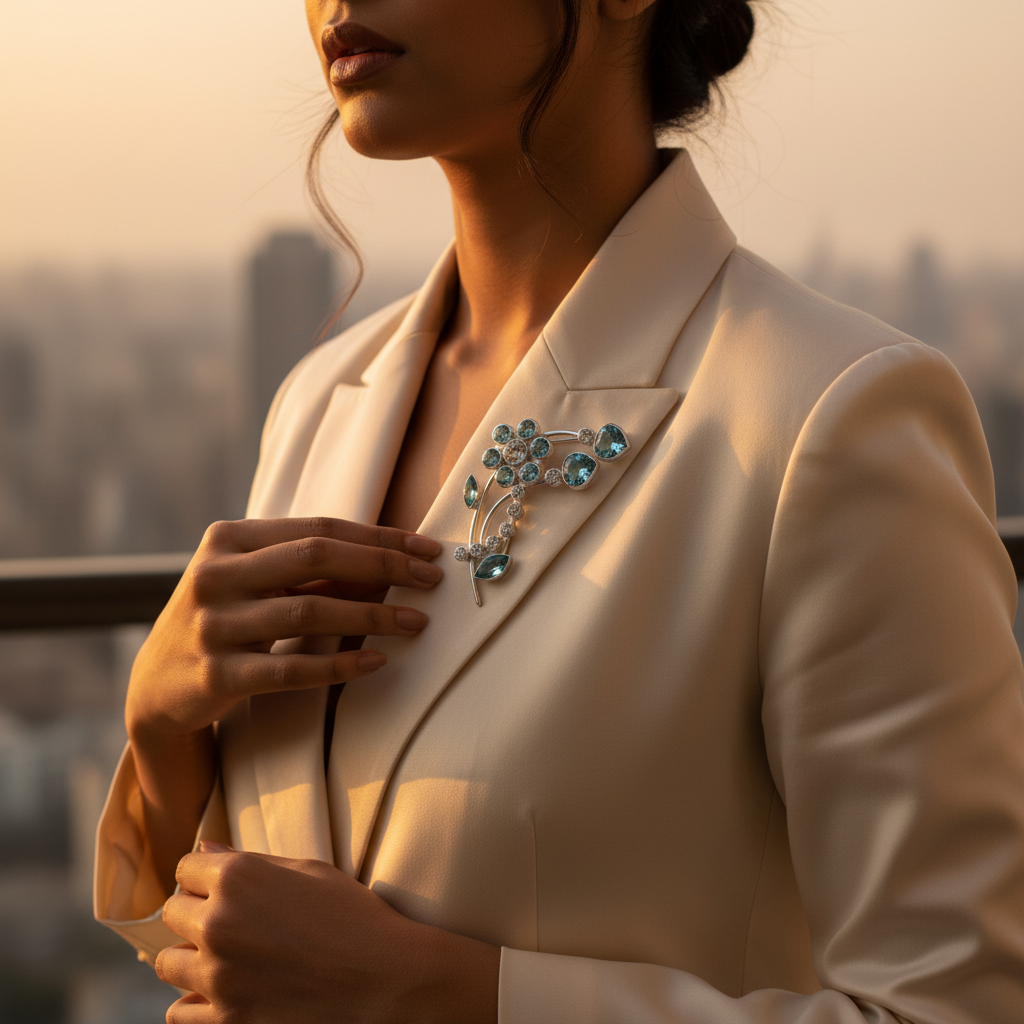 Silver Floral Brooch with Blue Gemstones | Women's Fashion Jewelry