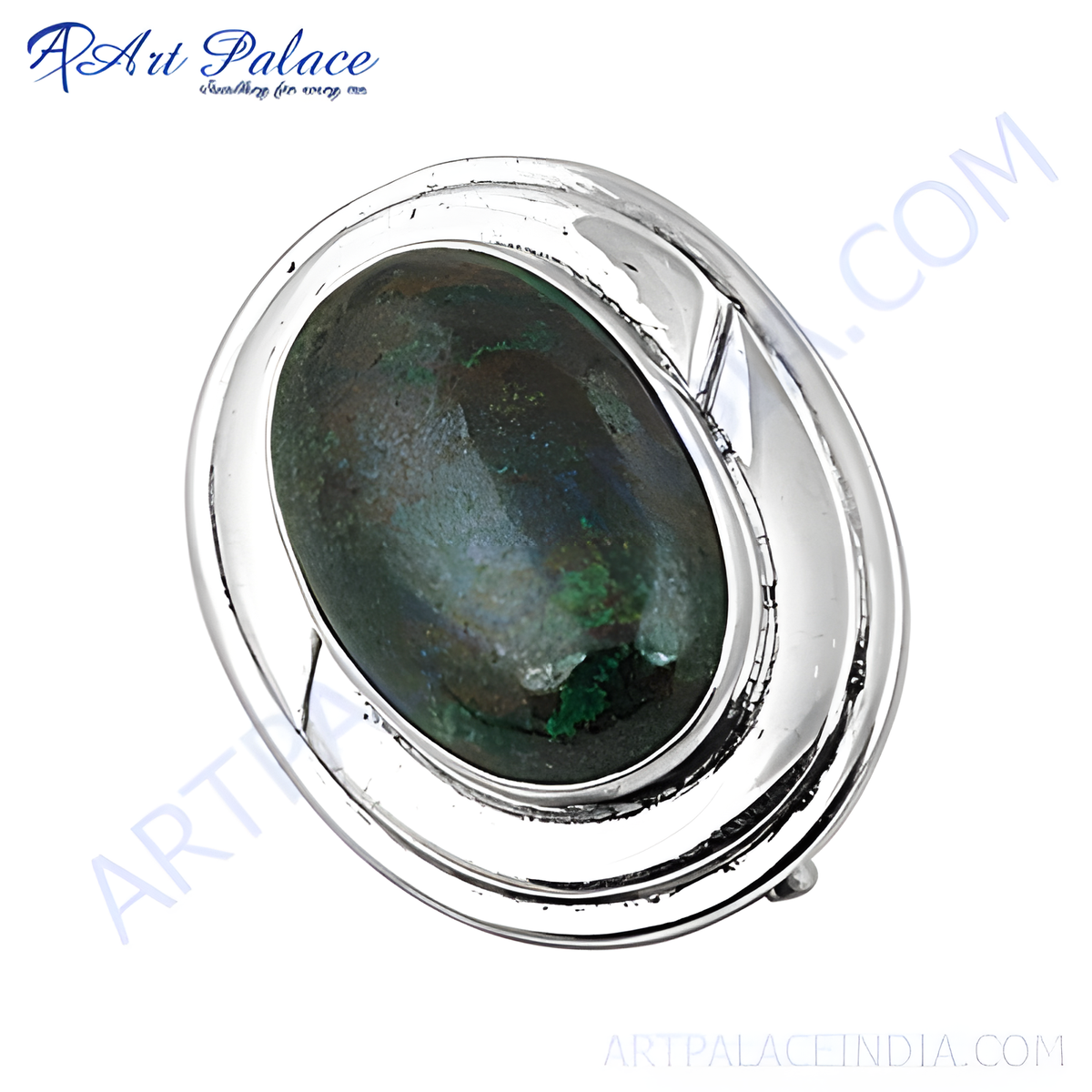 Silver statement ring with oval shaped malachite gemstone center, green and silver ring for women