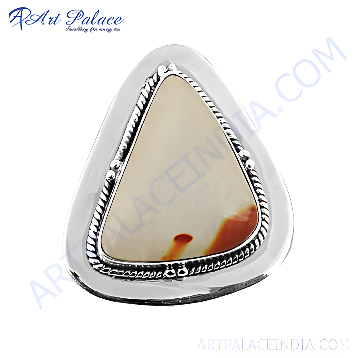 Sterling silver ring with a triangular jasper stone, displaying cream and brown color