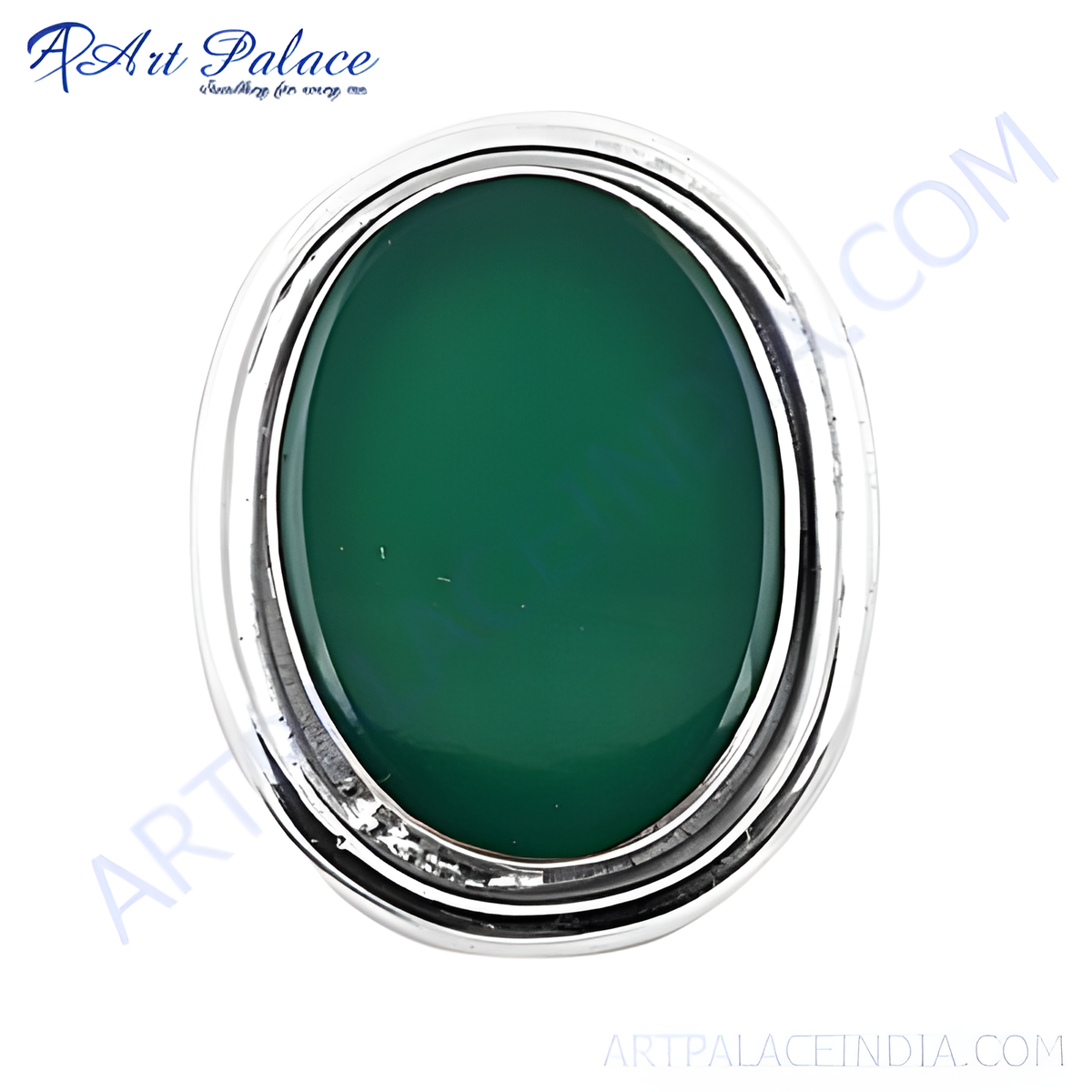 Sterling silver oval ring with a vibrant green onyx gemstone