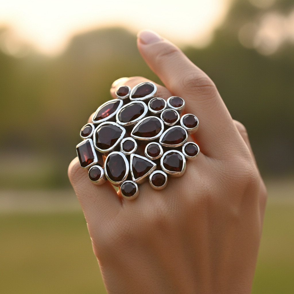 Garnet Cluster Ring in 925 Silver for Women | Statement Jewelry