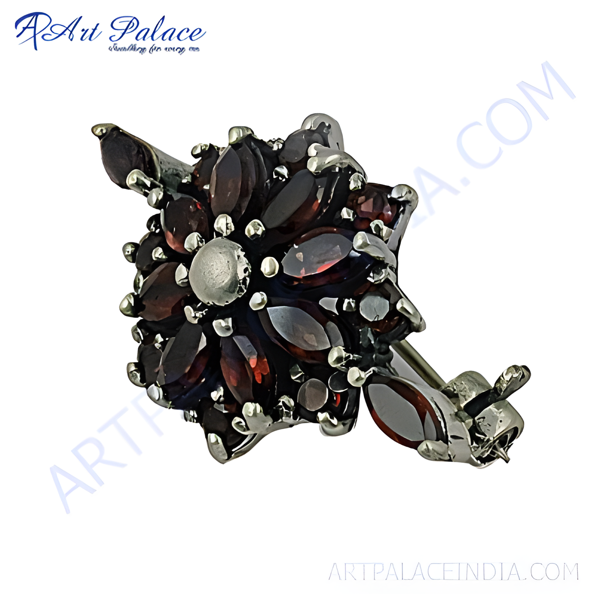 925 sterling silver stud earrings featuring a floral design with garnet gemstones and a silver accent