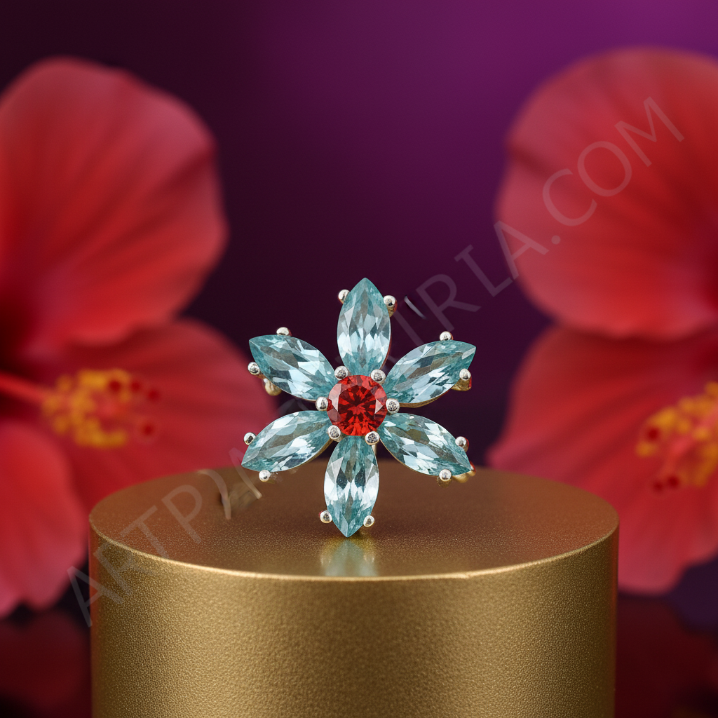 Silver Flower Ring with Red and Blue Gemstones | Women's Jewelry
