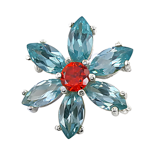 Flower Brooch Blue Topaz & Red Cubic Zirconia Gemstone