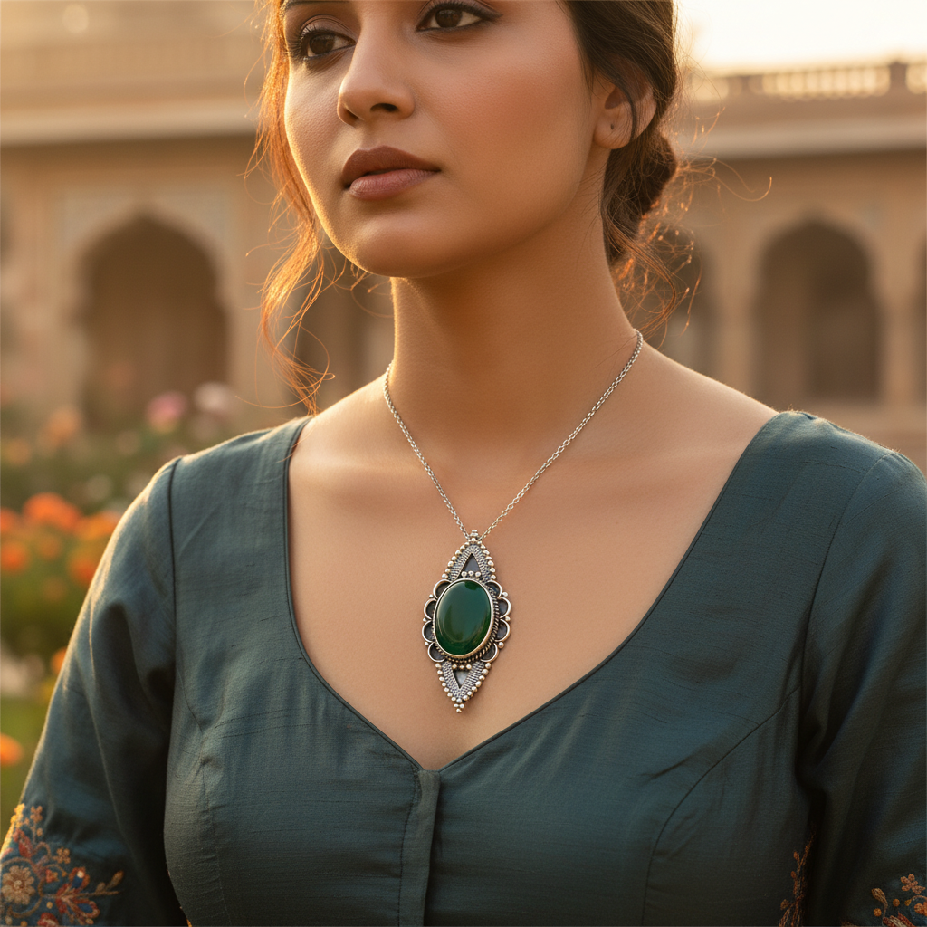 925 Silver Green Onyx Brooch Pin for Women | Statement Jewelry