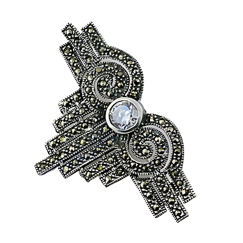 Cubic Zirconia & Gun Metal Marcasite Brooch Fancy Design Brooch Marcasite Brooch