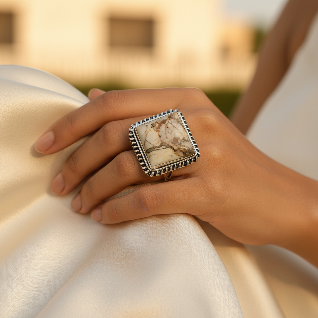 925 Silver Jasper Stone Ring for Women | Square Stone Jewelry