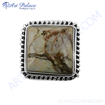 Load image into Gallery viewer, 925 sterling silver ring with a square-cut Jasper stone in brown and cream colors.
