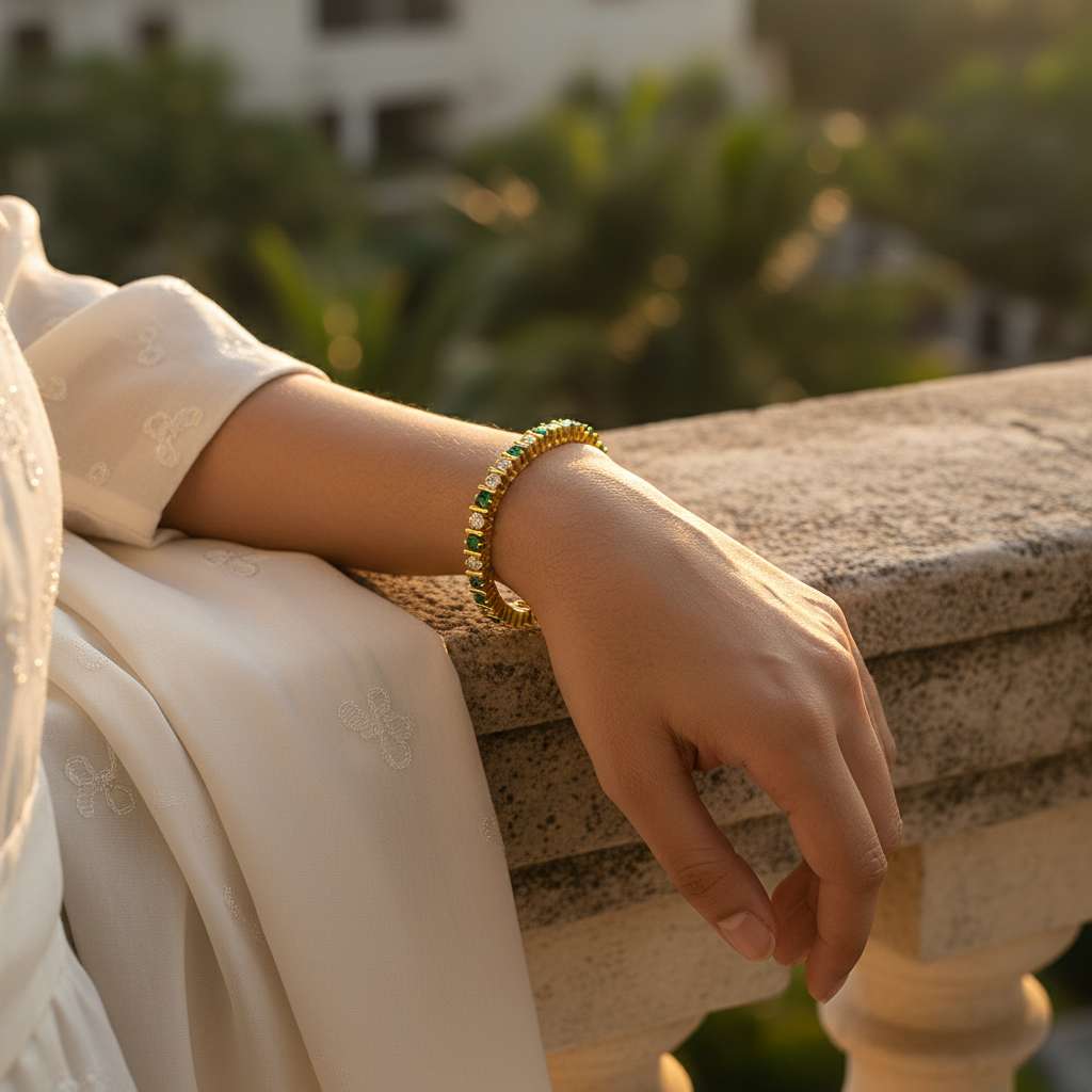 Emerald & Diamond Tennis Bracelet | gold plating Finish | Women's Jewelry