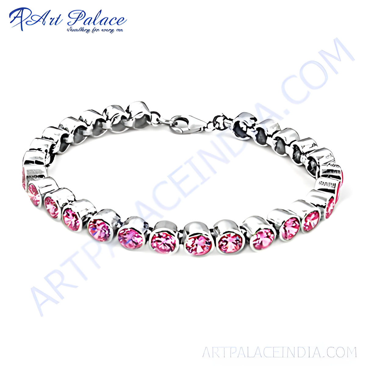 Silver chain bracelet with round pink gemstones