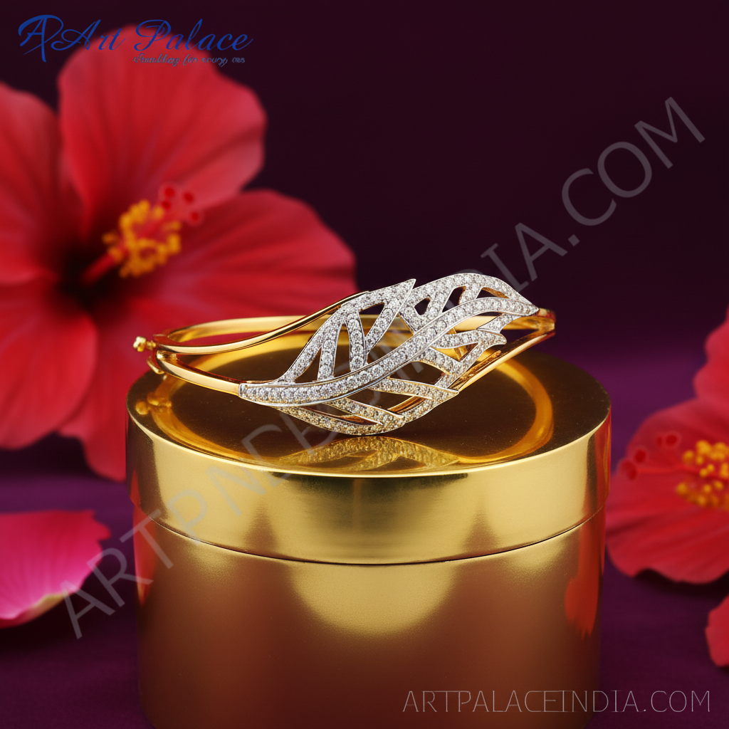 Gold plating leaf bangle bracelet with cz | women's fashion jewelry