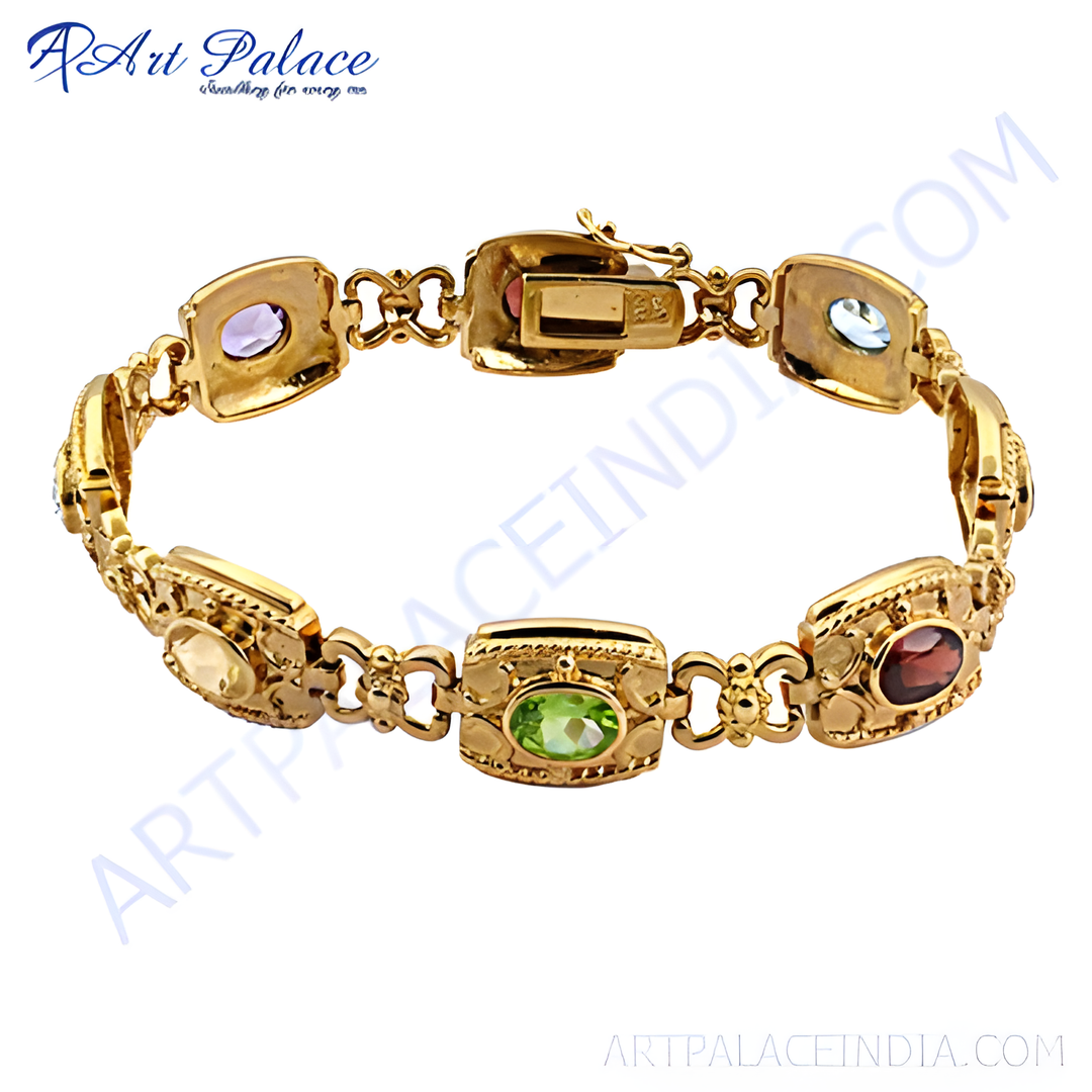 gold plating gemstone bracelet with colorful gemstones in a gold plating setting.