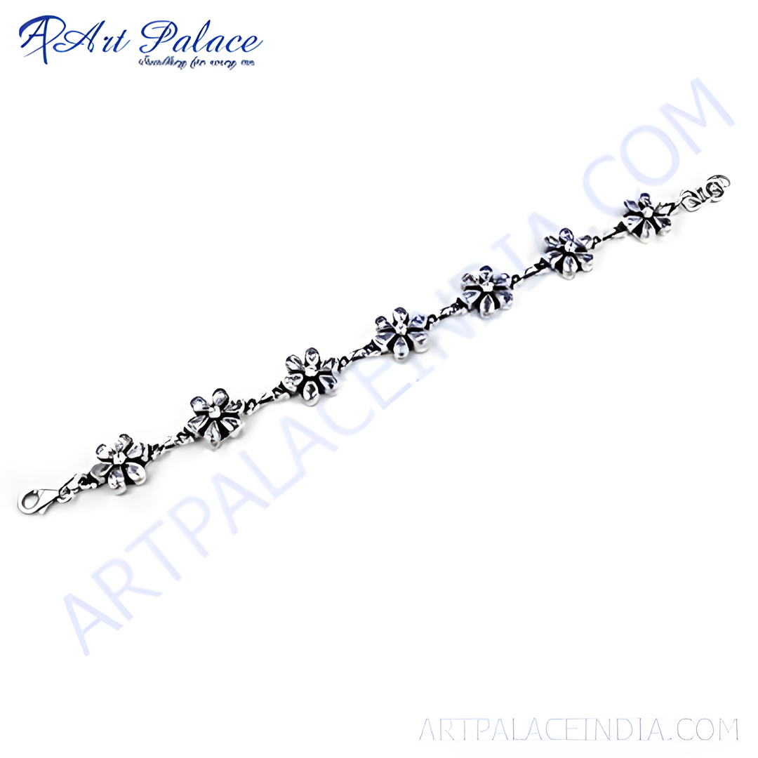 925 sterling silver floral chain bracelet for women on a white background