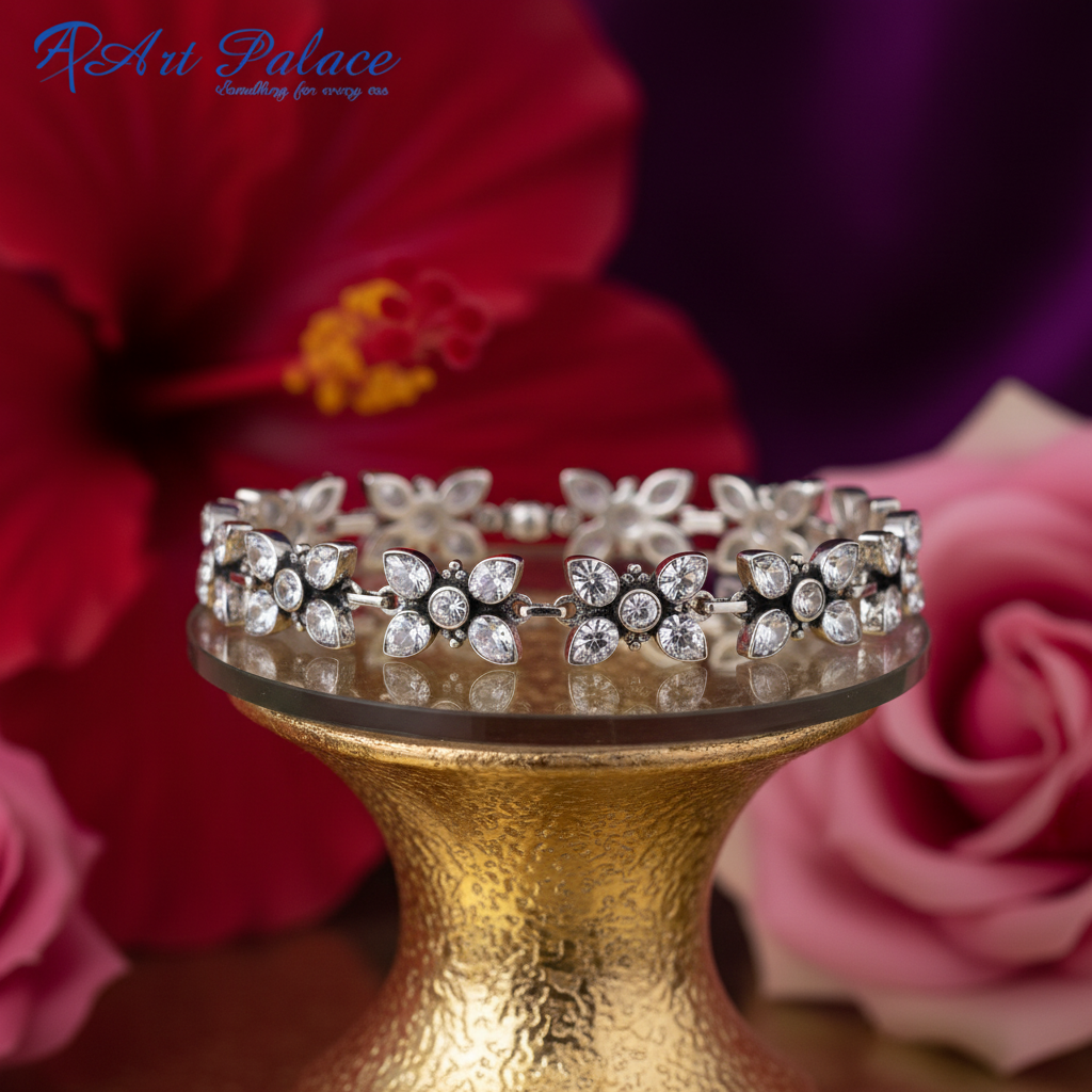 Silver Cubic Zirconia Flower Bracelet for Women | Party Wear