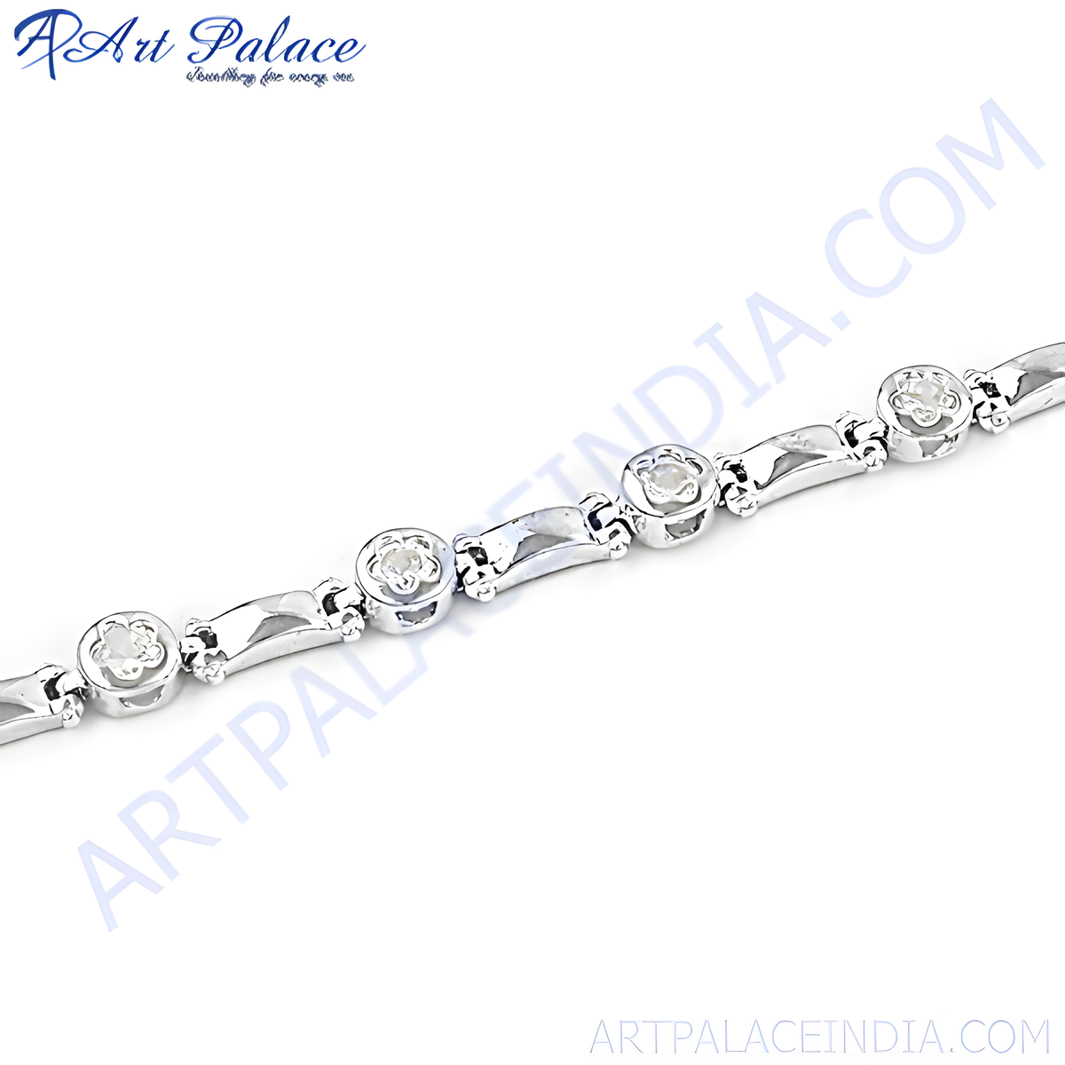 A close up of a 925 sterling silver bracelet with sparkling cubic zirconia stones