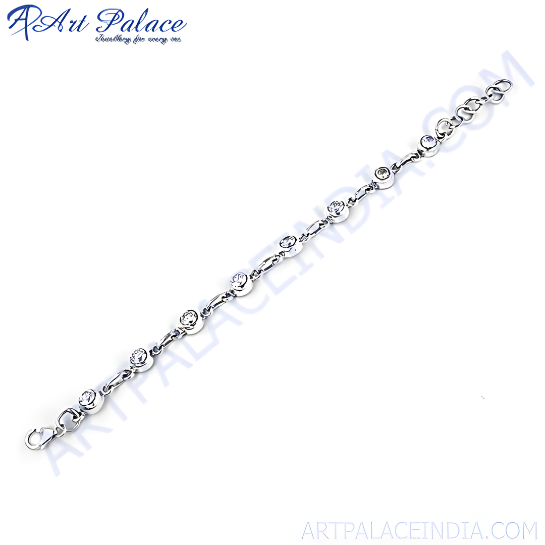 Silver chain bracelet with round clear cubic zirconia stones. Party wear jewelry.