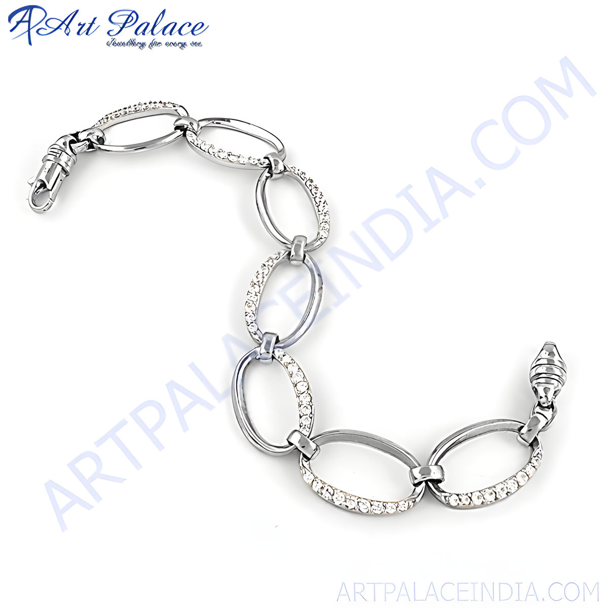 Silver oval link chain bracelet with sparkling crystals for women, fashion jewelry