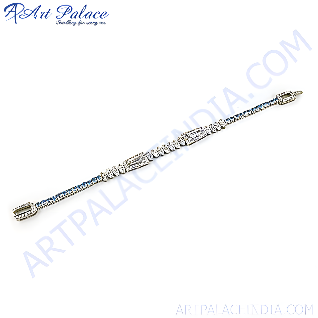 Sterling silver bracelet featuring diamonds and sapphire gemstones, perfect for women's fashion and gift giving.